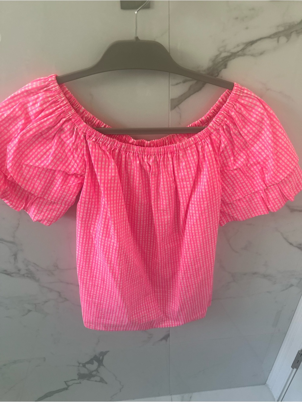 Lilly Pulitzer Hot Pink Gingham Off-Shoulder Puff Sleeve Crop Top